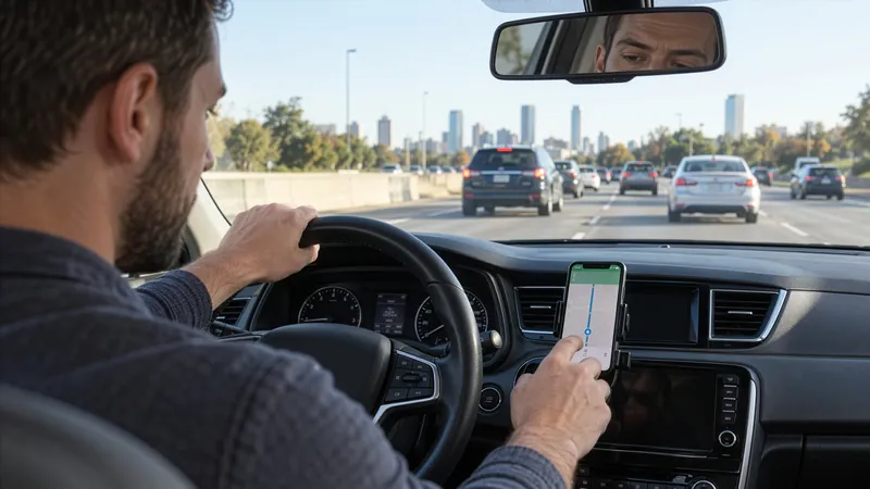 Driver looking toward a phone inside a vehicle while traffic continues ahead on a busy road