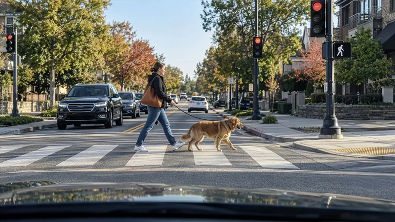 Driver stopped before a crosswalk while a pedestrian crosses safely at an intersection