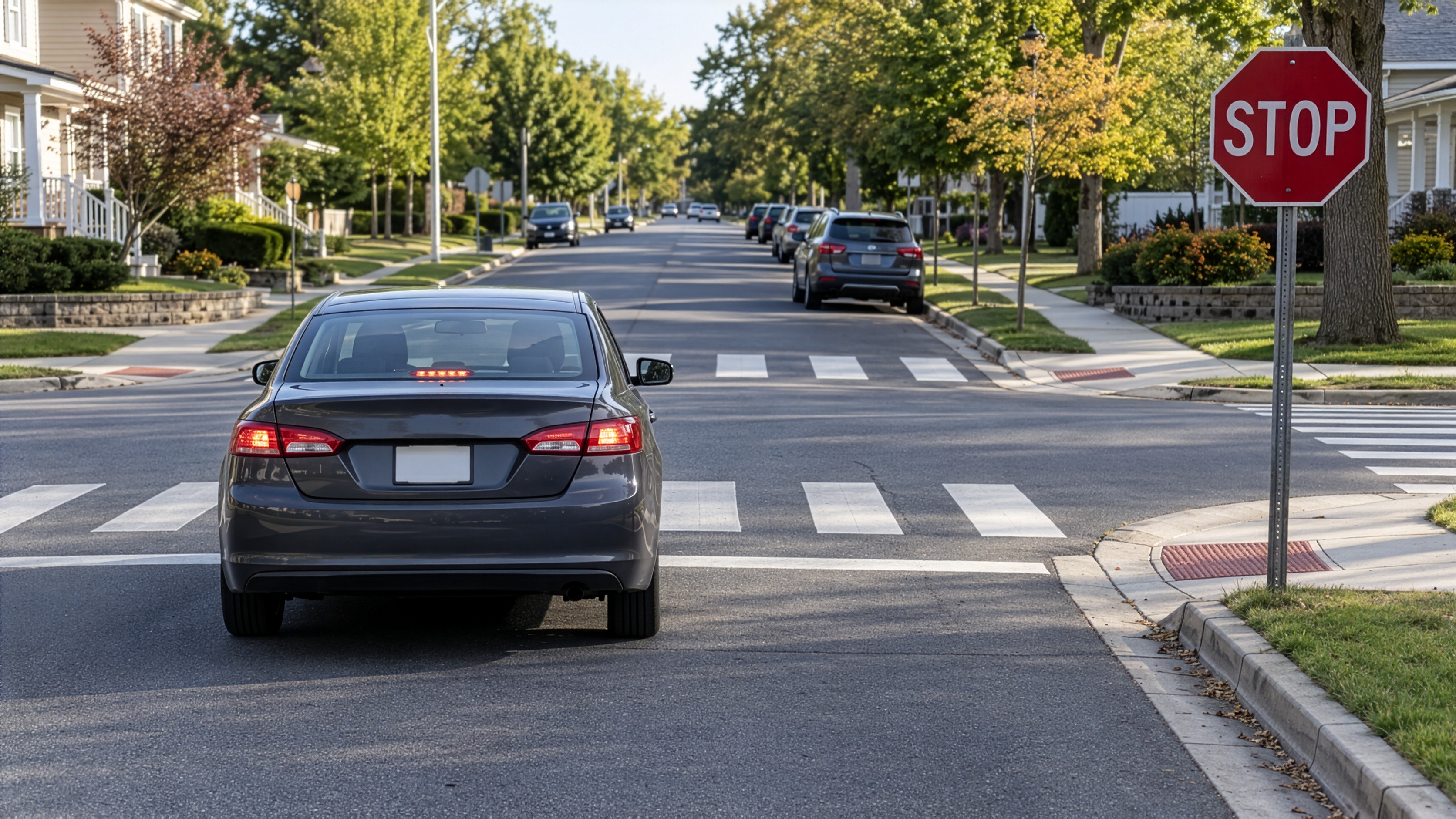 Vehicle stopped at a stop sign before entering a residential intersection