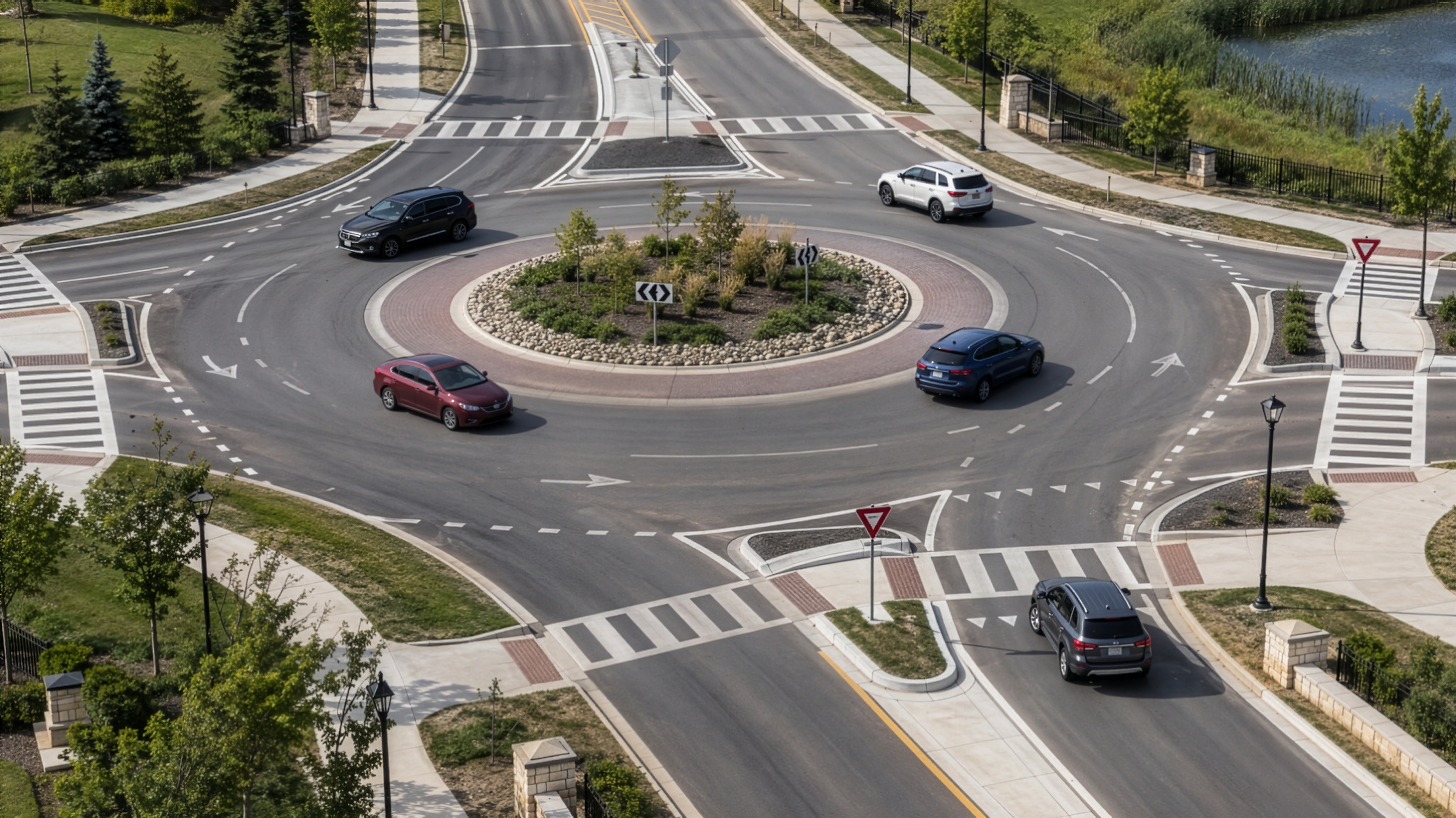 Multiple vehicles traveling through a modern multi-lane roundabout while entering traffic yields