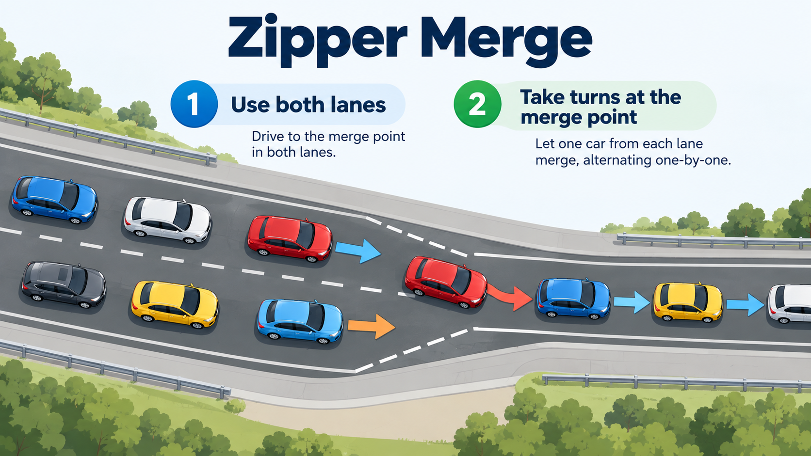 Two lanes of traffic using a zipper merge by alternating vehicles at a lane closure