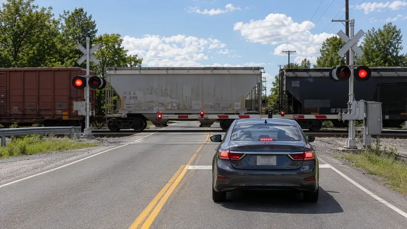 Passenger vehicle stopped safely before a railroad crossing with flashing warning lights and lowered gates