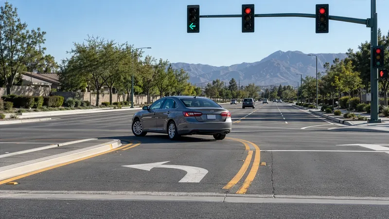 Passenger vehicle making a legal U-turn at a clear intersection with good visibility and no approaching traffic
