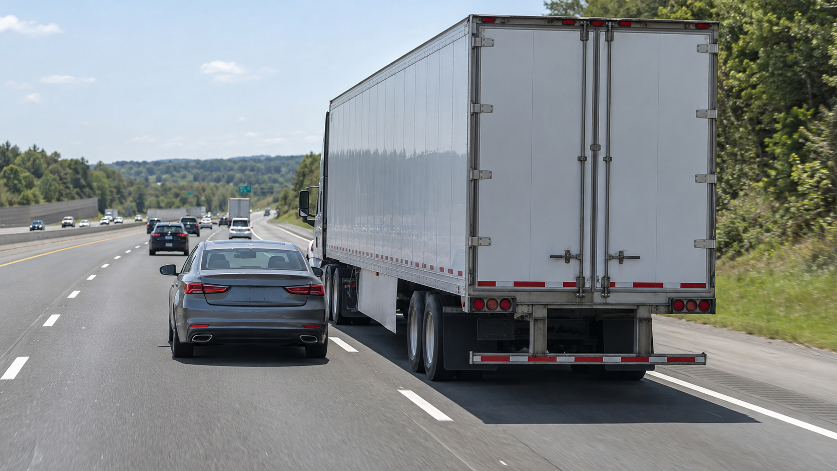 Passenger vehicle passing a large tractor-trailer on a multi-lane highway